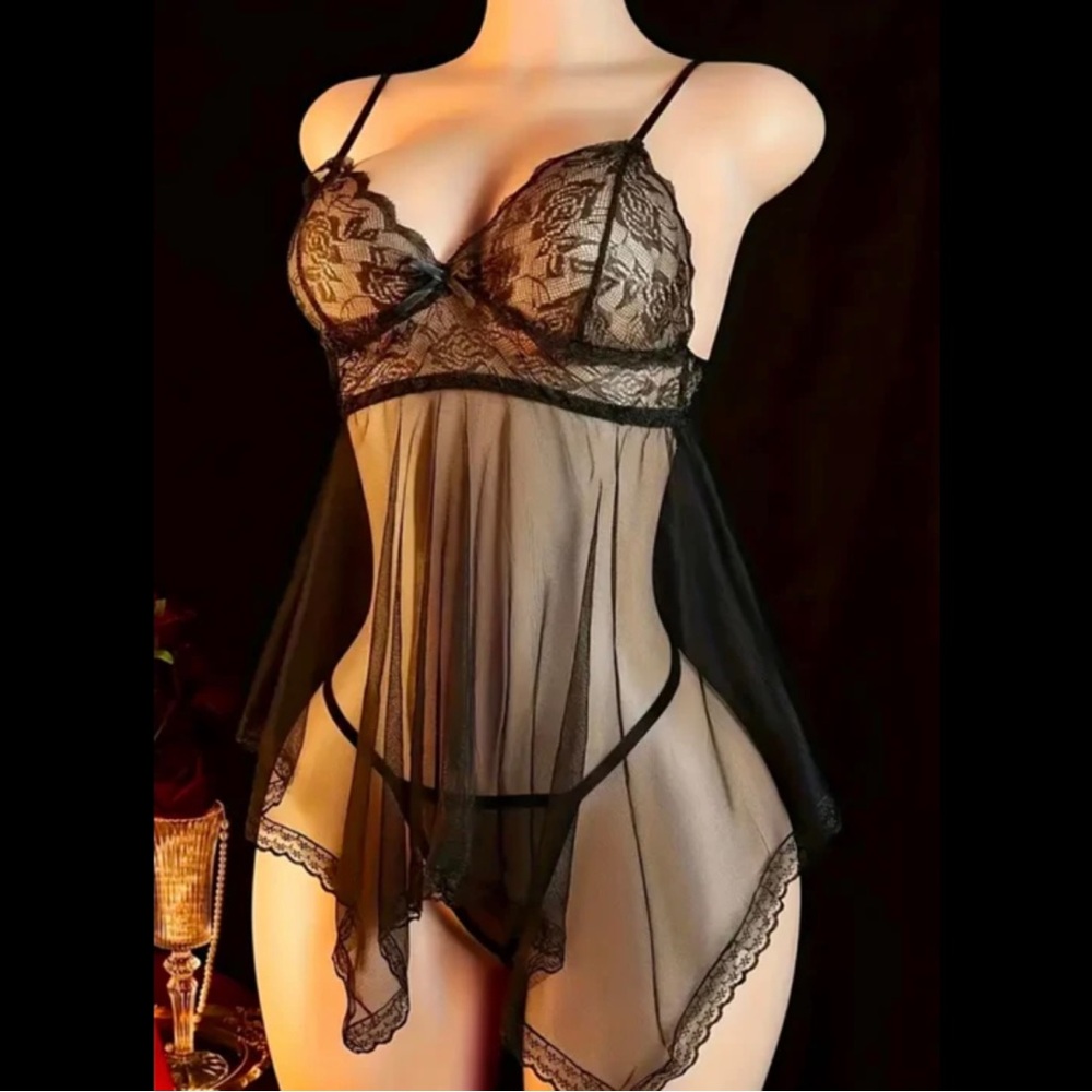 Black, Floral Lace, Sheer, Lingerie Slip - Picture 2 of 7